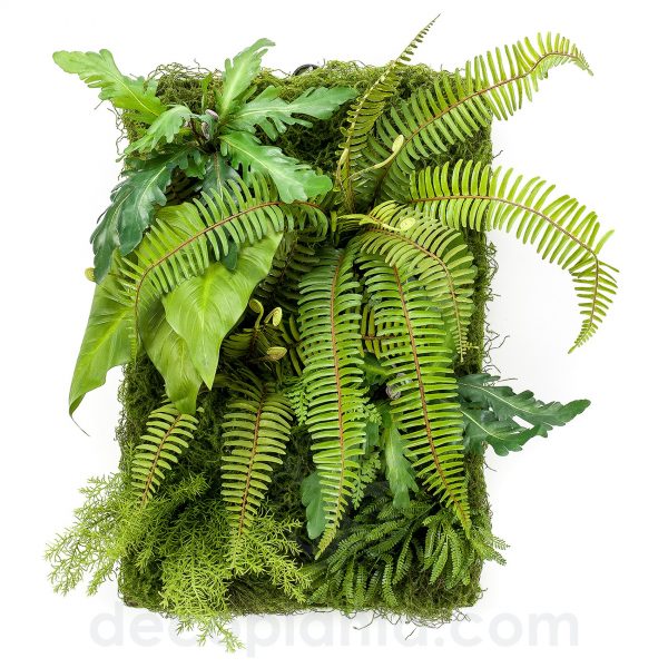 Modelo de Jardim vertical SELVAGEM artificial de folhagem máxima com folhas e fetos de grande tamanho em placa de 60 X 40 cm