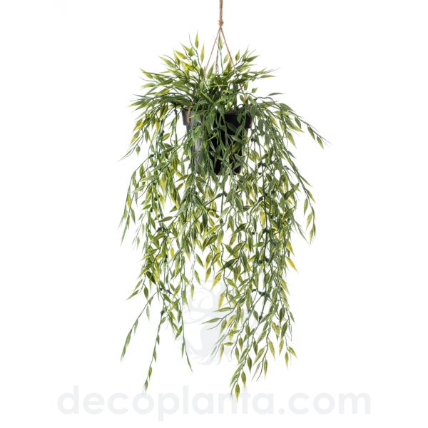 Planta colgante BAMBÚ artificial de alto realismo para interior. Bambú en maceta colgante