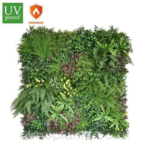 Jardín vertical GARDEN ignífugo artificial. Placa de 100X100cm para decoración en exteriores. Protección UV, resistente al agua y tratamiento ignífugo